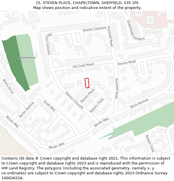 15, STEVEN PLACE, CHAPELTOWN, SHEFFIELD, S35 1FA: Location map and indicative extent of plot