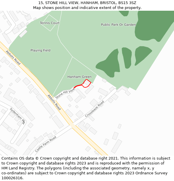 15, STONE HILL VIEW, HANHAM, BRISTOL, BS15 3SZ: Location map and indicative extent of plot