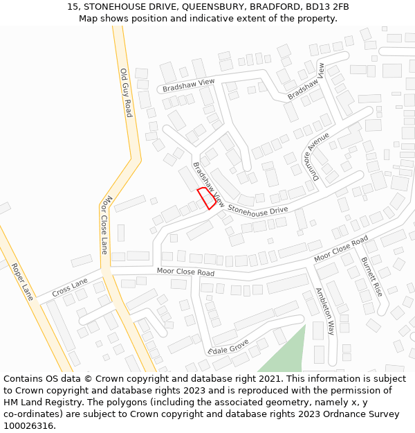 15, STONEHOUSE DRIVE, QUEENSBURY, BRADFORD, BD13 2FB: Location map and indicative extent of plot