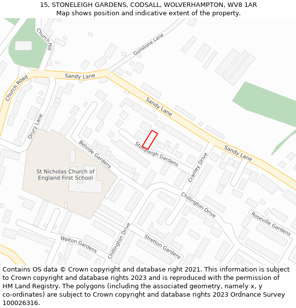 15, STONELEIGH GARDENS, CODSALL, WOLVERHAMPTON, WV8 1AR: Location map and indicative extent of plot