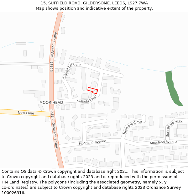 15, SUFFIELD ROAD, GILDERSOME, LEEDS, LS27 7WA: Location map and indicative extent of plot