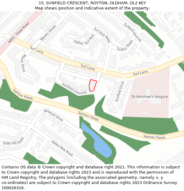 15, SUNFIELD CRESCENT, ROYTON, OLDHAM, OL2 6EY: Location map and indicative extent of plot