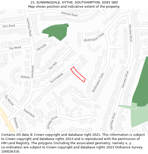 15, SUNNINGDALE, HYTHE, SOUTHAMPTON, SO45 5BD: Location map and indicative extent of plot