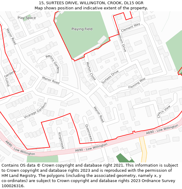 15, SURTEES DRIVE, WILLINGTON, CROOK, DL15 0GR: Location map and indicative extent of plot