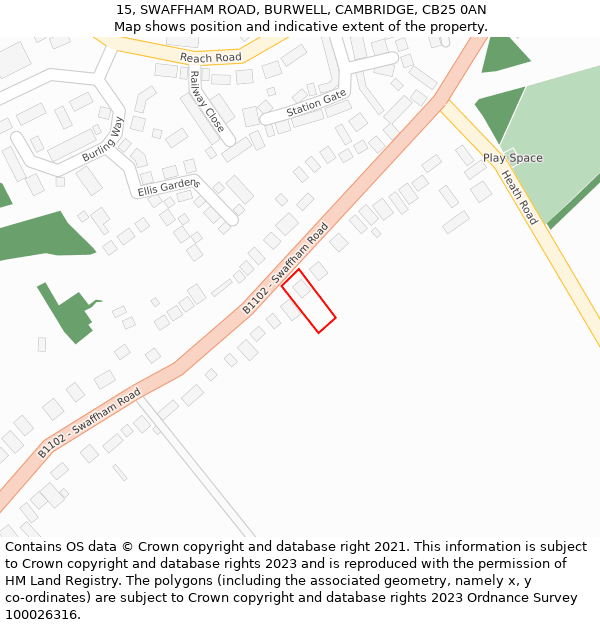 15, SWAFFHAM ROAD, BURWELL, CAMBRIDGE, CB25 0AN: Location map and indicative extent of plot