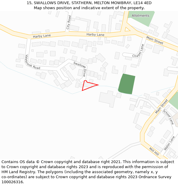 15, SWALLOWS DRIVE, STATHERN, MELTON MOWBRAY, LE14 4ED: Location map and indicative extent of plot