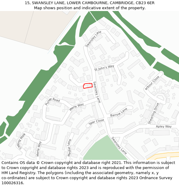 15, SWANSLEY LANE, LOWER CAMBOURNE, CAMBRIDGE, CB23 6ER: Location map and indicative extent of plot