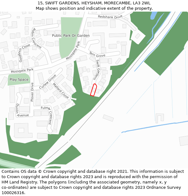 15, SWIFT GARDENS, HEYSHAM, MORECAMBE, LA3 2WL: Location map and indicative extent of plot