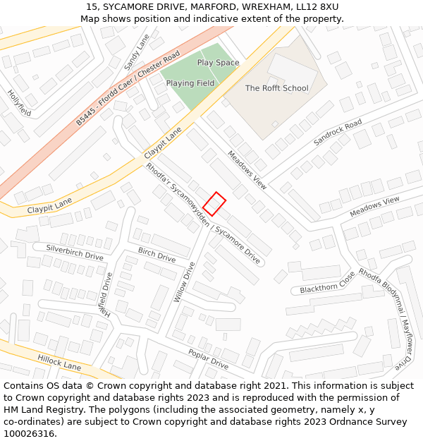 15, SYCAMORE DRIVE, MARFORD, WREXHAM, LL12 8XU: Location map and indicative extent of plot