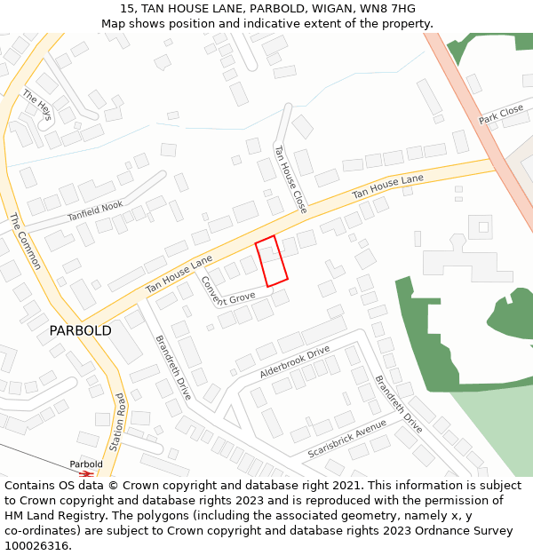 15, TAN HOUSE LANE, PARBOLD, WIGAN, WN8 7HG: Location map and indicative extent of plot