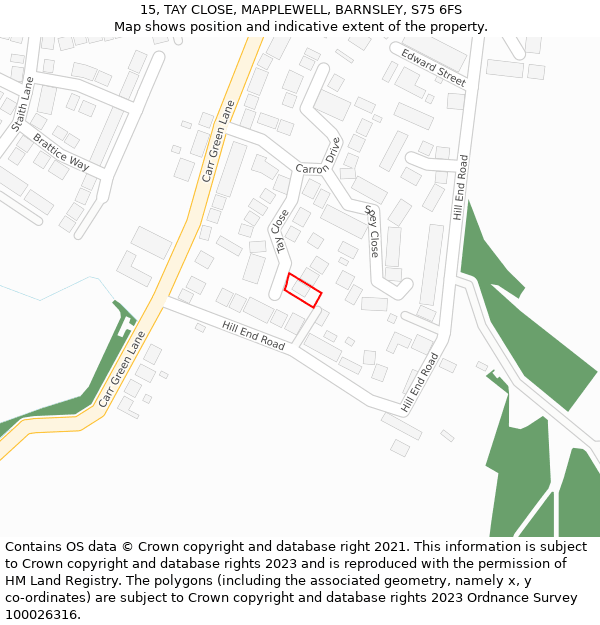 15, TAY CLOSE, MAPPLEWELL, BARNSLEY, S75 6FS: Location map and indicative extent of plot