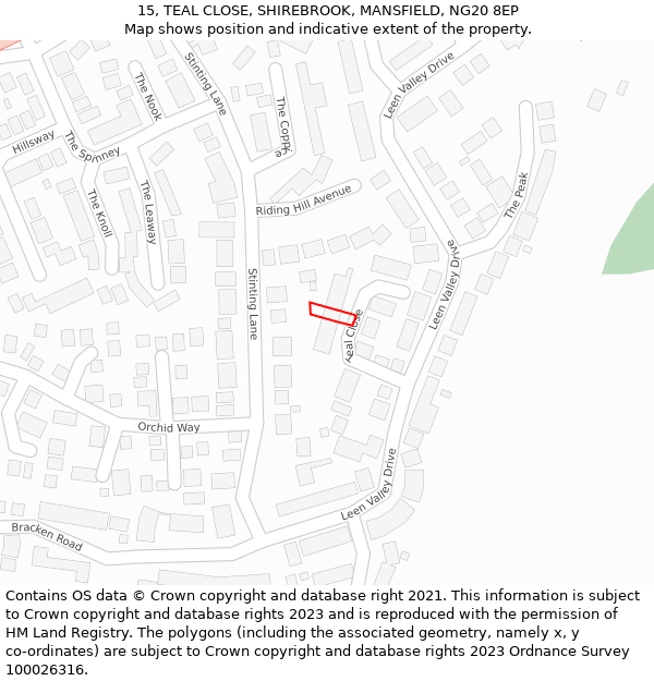 15, TEAL CLOSE, SHIREBROOK, MANSFIELD, NG20 8EP: Location map and indicative extent of plot