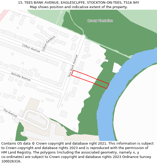 15, TEES BANK AVENUE, EAGLESCLIFFE, STOCKTON-ON-TEES, TS16 9AY: Location map and indicative extent of plot