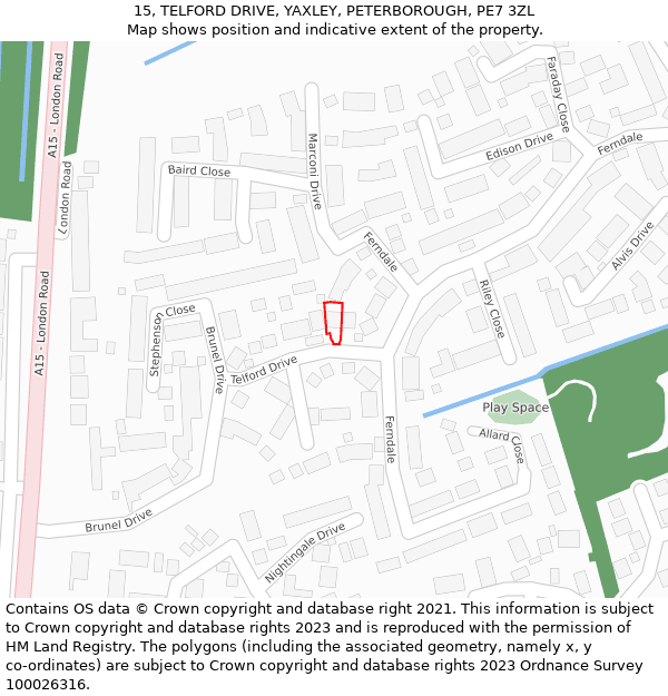 15, TELFORD DRIVE, YAXLEY, PETERBOROUGH, PE7 3ZL: Location map and indicative extent of plot