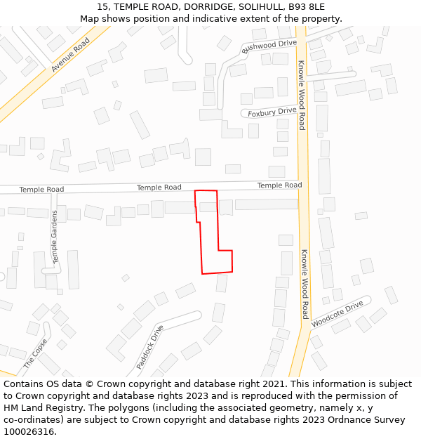 15, TEMPLE ROAD, DORRIDGE, SOLIHULL, B93 8LE: Location map and indicative extent of plot