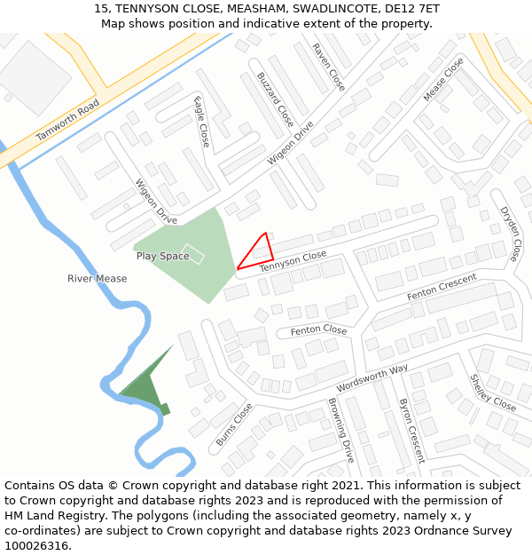 15, TENNYSON CLOSE, MEASHAM, SWADLINCOTE, DE12 7ET: Location map and indicative extent of plot