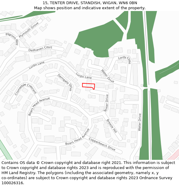 15, TENTER DRIVE, STANDISH, WIGAN, WN6 0BN: Location map and indicative extent of plot