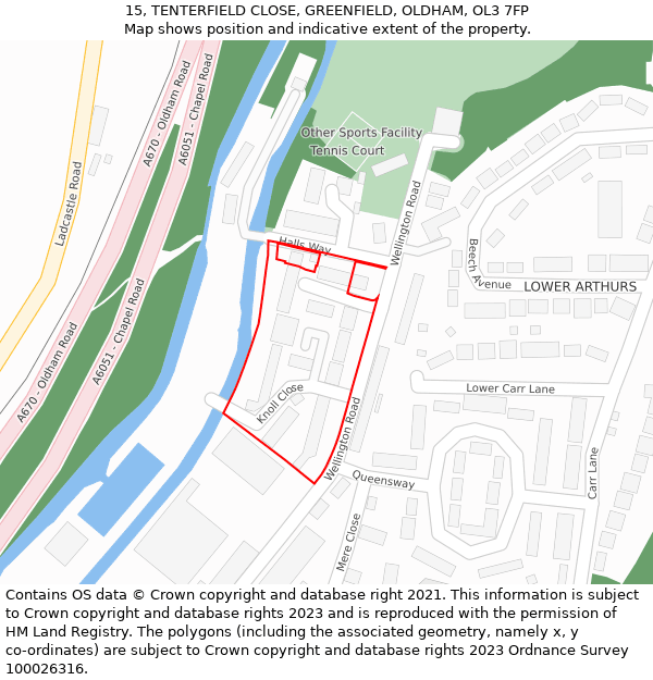 15, TENTERFIELD CLOSE, GREENFIELD, OLDHAM, OL3 7FP: Location map and indicative extent of plot