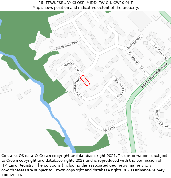 15, TEWKESBURY CLOSE, MIDDLEWICH, CW10 9HT: Location map and indicative extent of plot