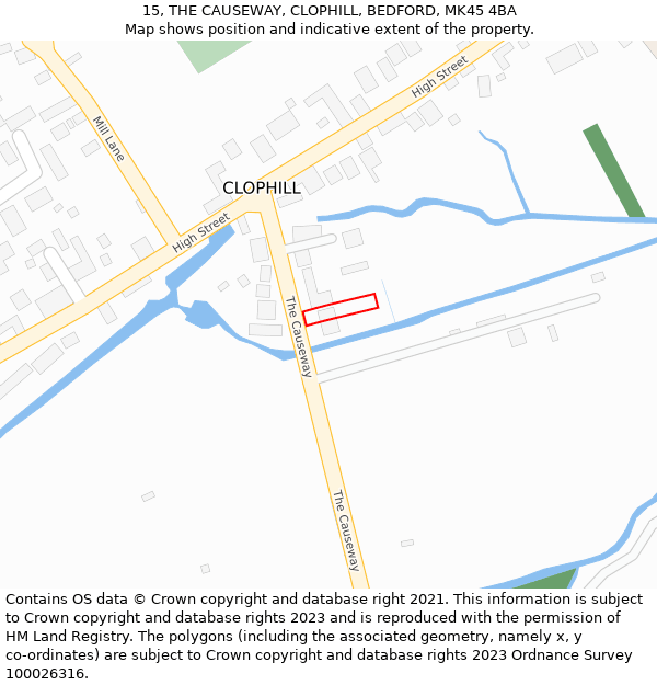 15, THE CAUSEWAY, CLOPHILL, BEDFORD, MK45 4BA: Location map and indicative extent of plot