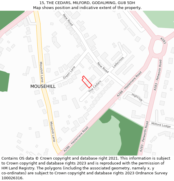 15, THE CEDARS, MILFORD, GODALMING, GU8 5DH: Location map and indicative extent of plot