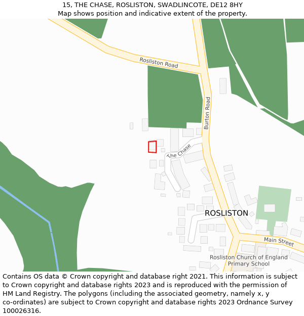 15, THE CHASE, ROSLISTON, SWADLINCOTE, DE12 8HY: Location map and indicative extent of plot