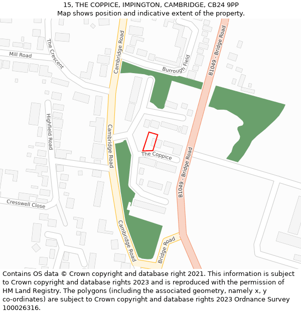 15, THE COPPICE, IMPINGTON, CAMBRIDGE, CB24 9PP: Location map and indicative extent of plot