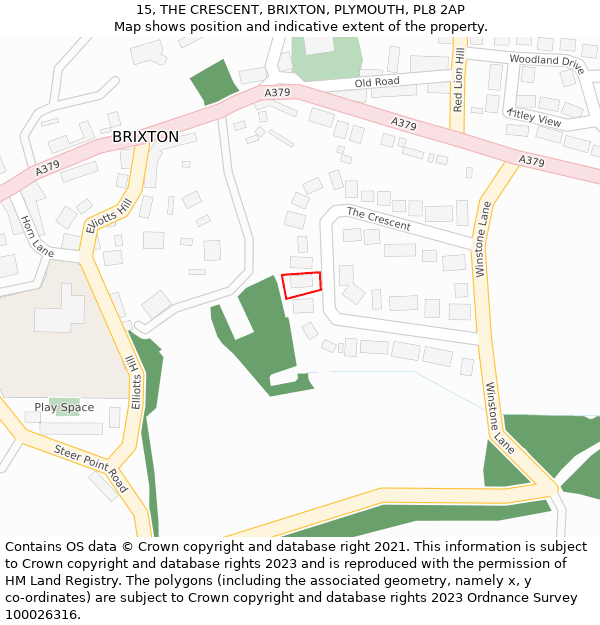 15, THE CRESCENT, BRIXTON, PLYMOUTH, PL8 2AP: Location map and indicative extent of plot