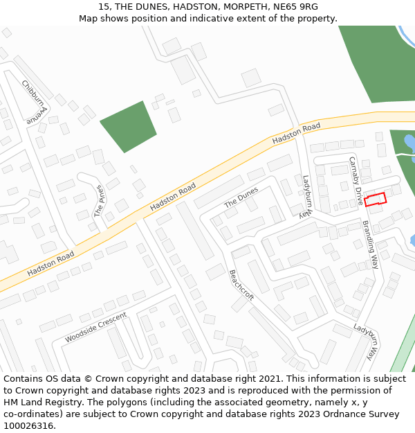15, THE DUNES, HADSTON, MORPETH, NE65 9RG: Location map and indicative extent of plot