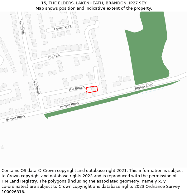 15, THE ELDERS, LAKENHEATH, BRANDON, IP27 9EY: Location map and indicative extent of plot