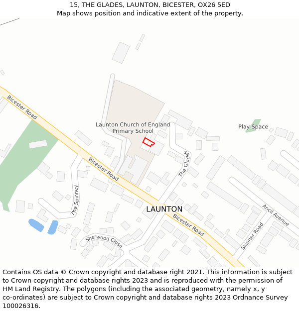 15, THE GLADES, LAUNTON, BICESTER, OX26 5ED: Location map and indicative extent of plot