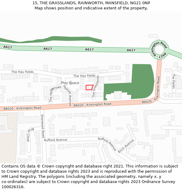 15, THE GRASSLANDS, RAINWORTH, MANSFIELD, NG21 0NP: Location map and indicative extent of plot