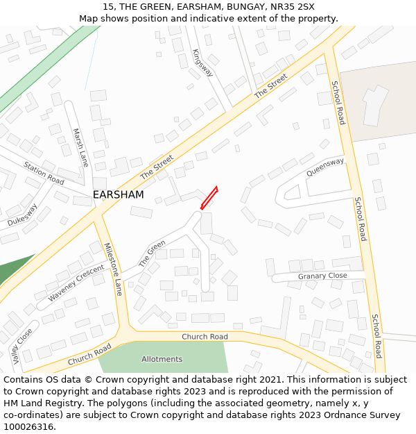 15, THE GREEN, EARSHAM, BUNGAY, NR35 2SX: Location map and indicative extent of plot