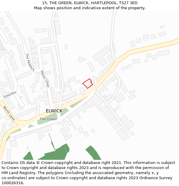 15, THE GREEN, ELWICK, HARTLEPOOL, TS27 3ED: Location map and indicative extent of plot