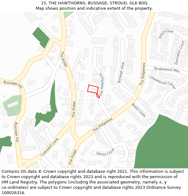 15, THE HAWTHORNS, BUSSAGE, STROUD, GL6 8DQ: Location map and indicative extent of plot