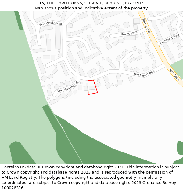 15, THE HAWTHORNS, CHARVIL, READING, RG10 9TS: Location map and indicative extent of plot