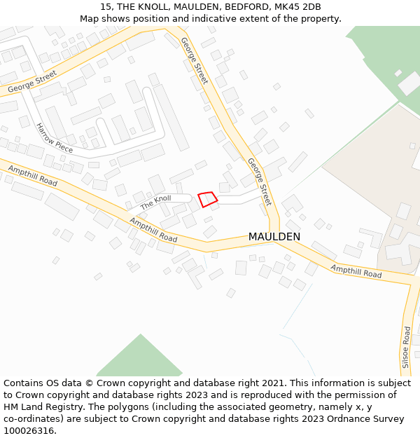 15, THE KNOLL, MAULDEN, BEDFORD, MK45 2DB: Location map and indicative extent of plot