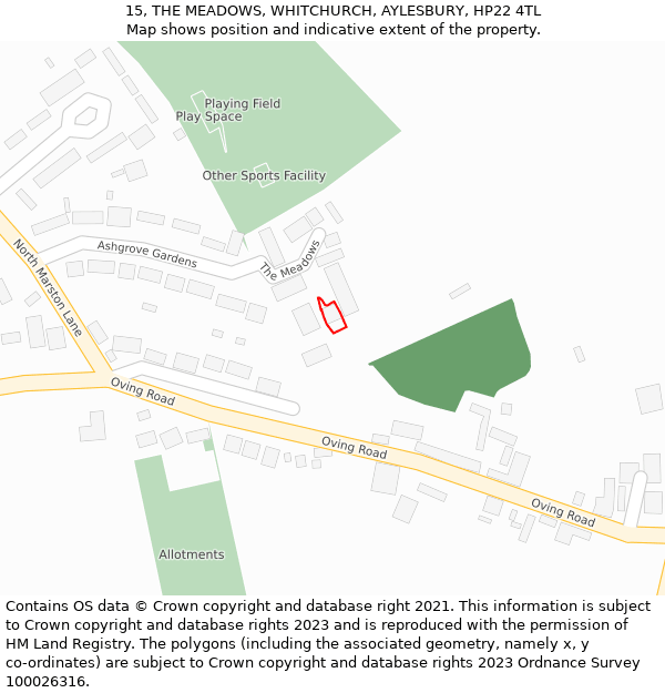 15, THE MEADOWS, WHITCHURCH, AYLESBURY, HP22 4TL: Location map and indicative extent of plot