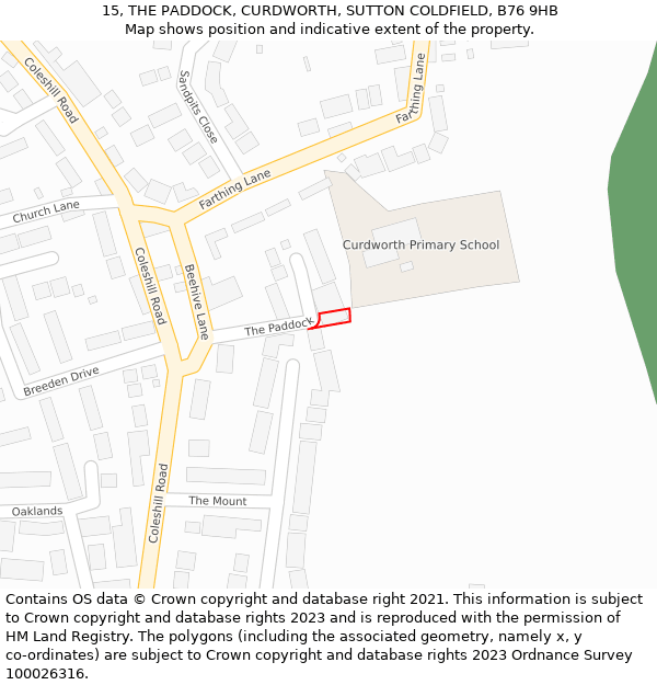 15, THE PADDOCK, CURDWORTH, SUTTON COLDFIELD, B76 9HB: Location map and indicative extent of plot