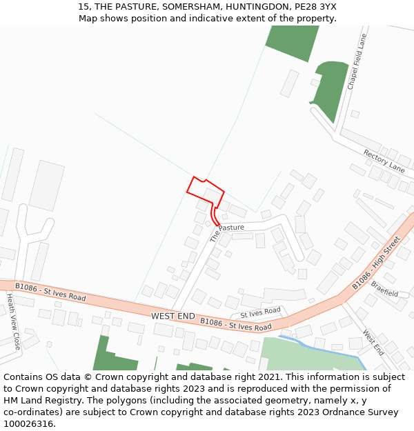 15, THE PASTURE, SOMERSHAM, HUNTINGDON, PE28 3YX: Location map and indicative extent of plot