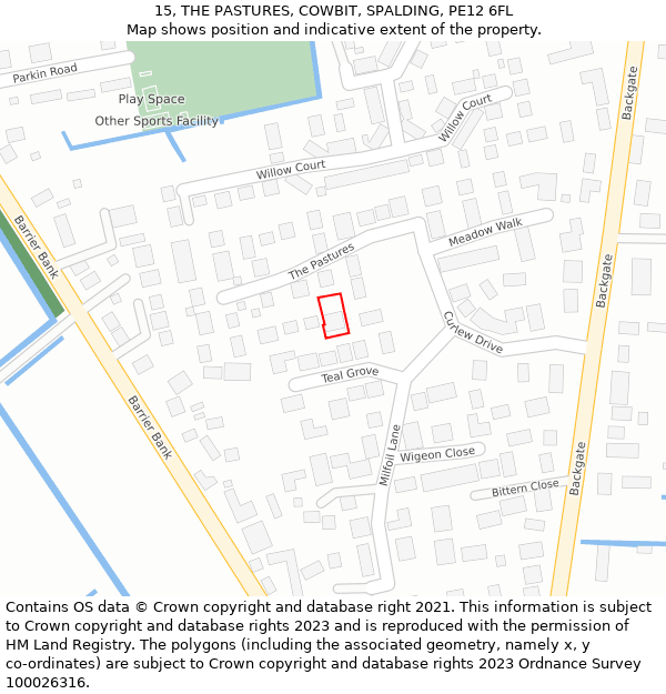 15, THE PASTURES, COWBIT, SPALDING, PE12 6FL: Location map and indicative extent of plot