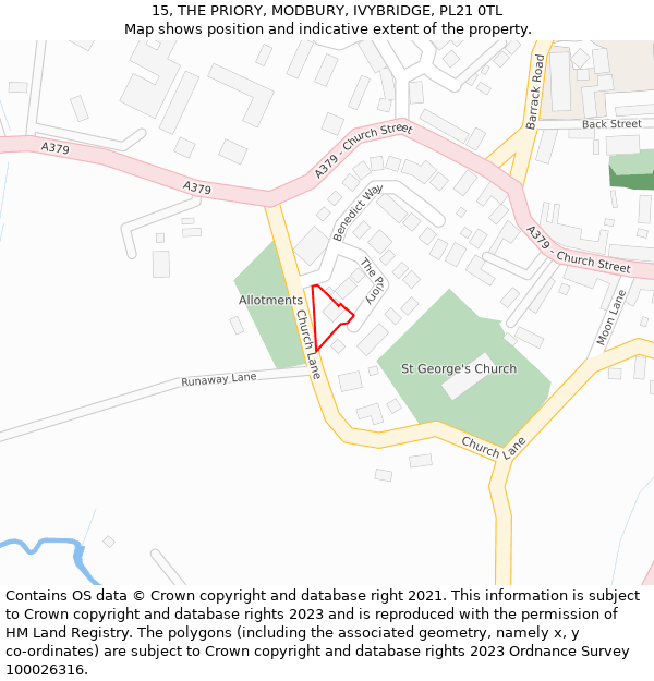15, THE PRIORY, MODBURY, IVYBRIDGE, PL21 0TL: Location map and indicative extent of plot