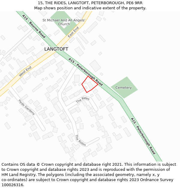 15, THE RIDES, LANGTOFT, PETERBOROUGH, PE6 9RR: Location map and indicative extent of plot