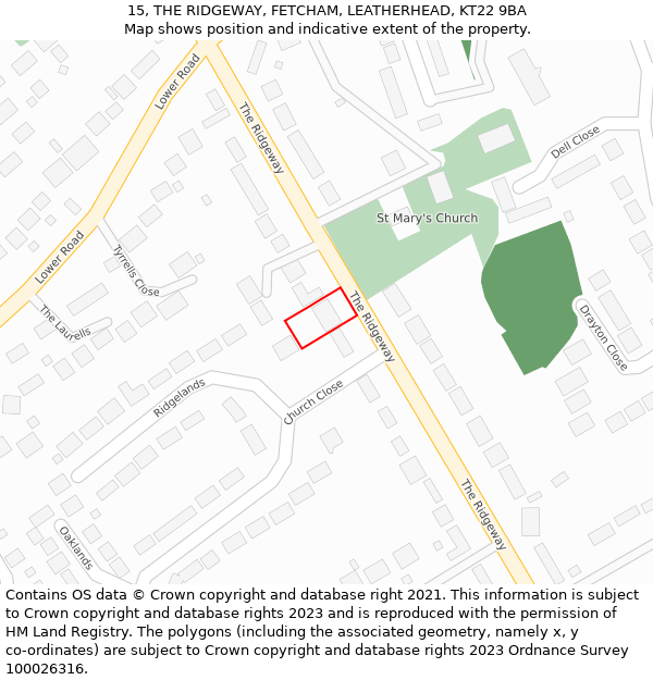 15, THE RIDGEWAY, FETCHAM, LEATHERHEAD, KT22 9BA: Location map and indicative extent of plot