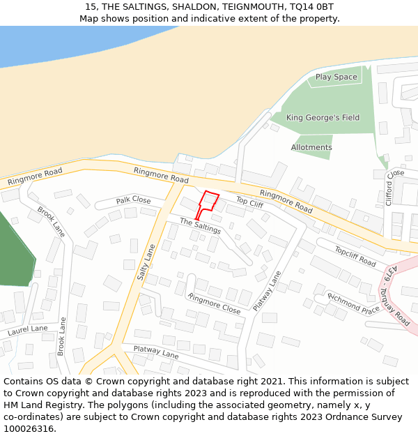 15, THE SALTINGS, SHALDON, TEIGNMOUTH, TQ14 0BT: Location map and indicative extent of plot