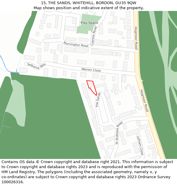 15, THE SANDS, WHITEHILL, BORDON, GU35 9QW: Location map and indicative extent of plot