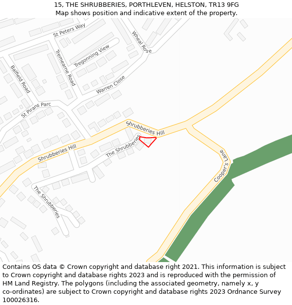 15, THE SHRUBBERIES, PORTHLEVEN, HELSTON, TR13 9FG: Location map and indicative extent of plot