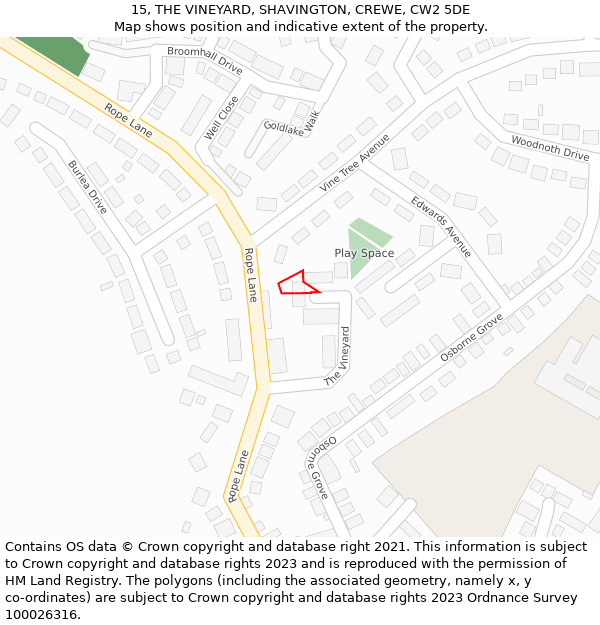 15, THE VINEYARD, SHAVINGTON, CREWE, CW2 5DE: Location map and indicative extent of plot