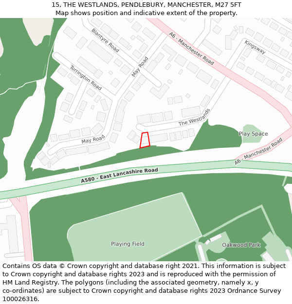 15, THE WESTLANDS, PENDLEBURY, MANCHESTER, M27 5FT: Location map and indicative extent of plot