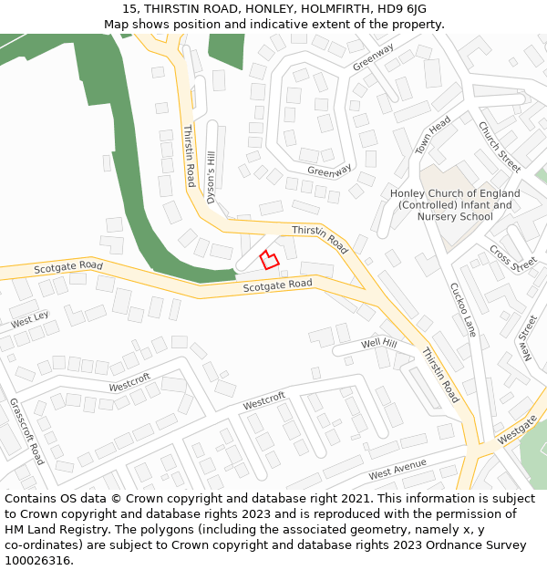 15, THIRSTIN ROAD, HONLEY, HOLMFIRTH, HD9 6JG: Location map and indicative extent of plot